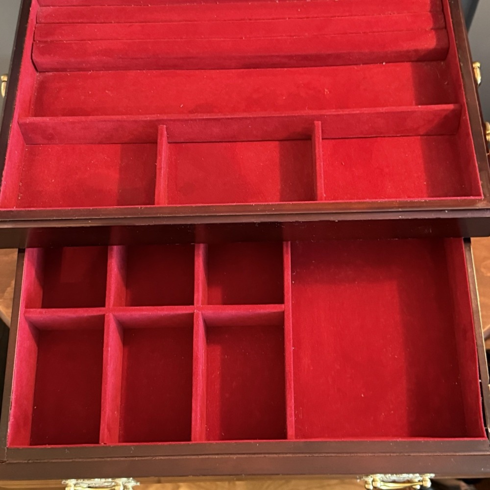 Rosalco Commodore Jewelry Box Chest Wood Etched Floral Glass Top Velvet‎ Vintage - Picture 7 of 12